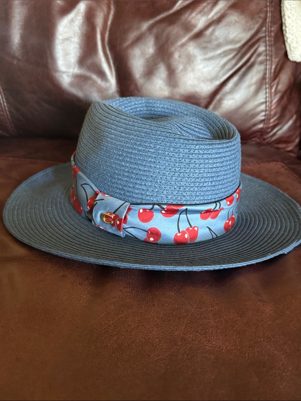 Coach Blue Straw Fedora with Cherry Scarf Band